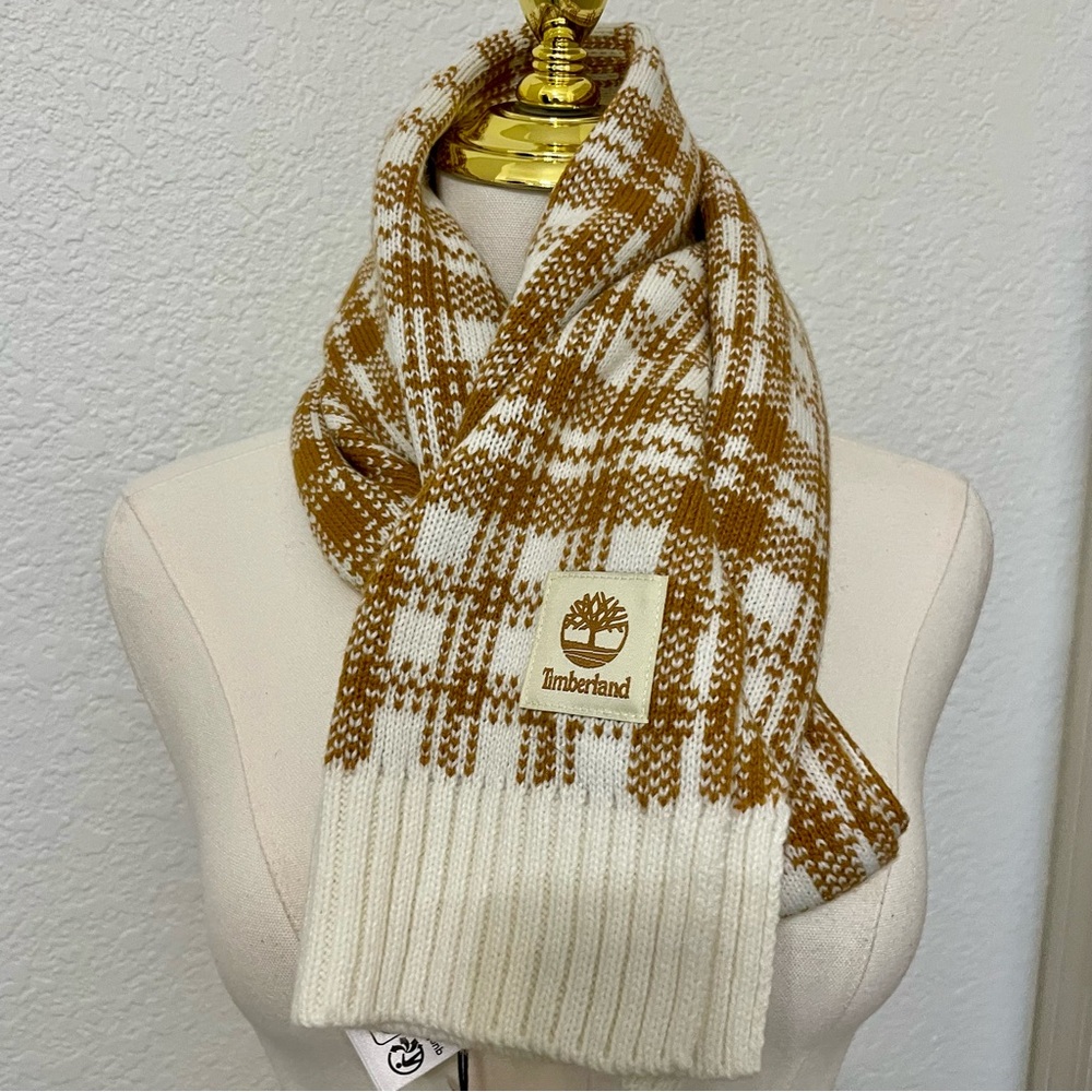 Timberland Plaid Knit Scarf Brown White Unisex NWT